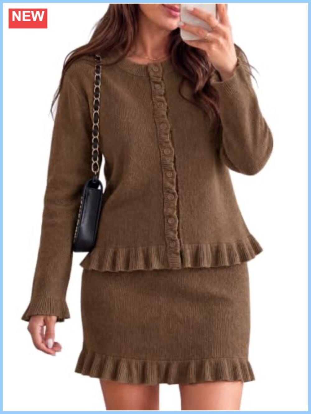 Knit 2-Piece Sweater Skirt Set Ruffled Cardigan High-Waisted Mini Skirt